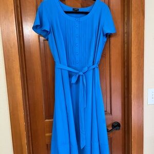 Talbots Bright Blue Short-Sleeve Midi Dress with Self Tie Belt